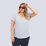 Elm | Pima Stripe Vee Tee - White/Navy