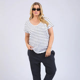 Elm | Pima Stripe Vee Tee - White/Navy