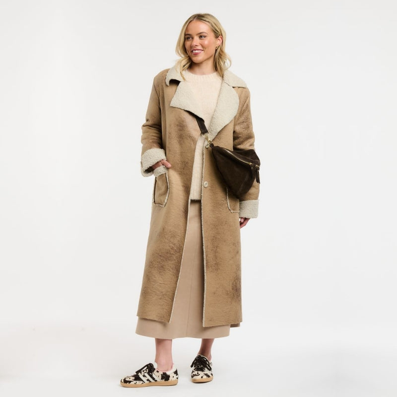 Urban Luxury | Shearling Long Faux Coat - Beige