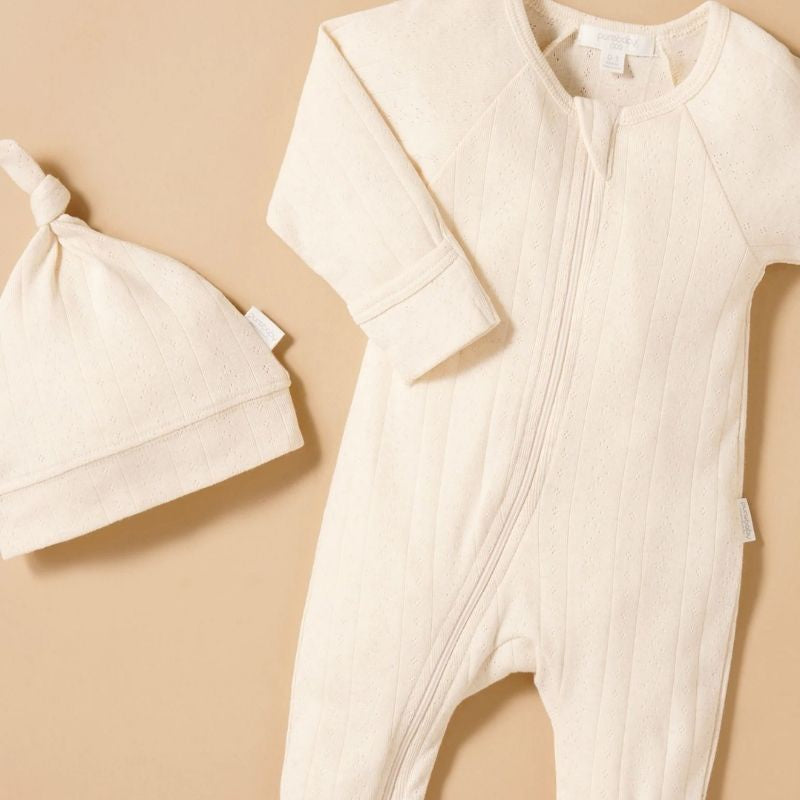 Purebaby | Pointelle Growsuit & Hat Pack - Wheat Melange