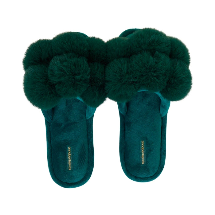 Annabel Trends | Cosy Luxe Pom Pom Slippers - Emerald