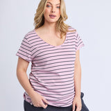 Elm | Pima Vee Tee - Dusk Pink/Navy Stripe