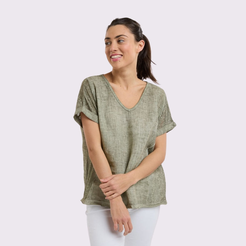 Love From Italy | Calypso V-Neck S/S Top - Military