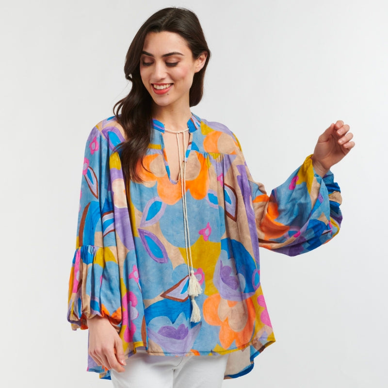 Italian Star | Billow Blouse - Floral Beige/Blue