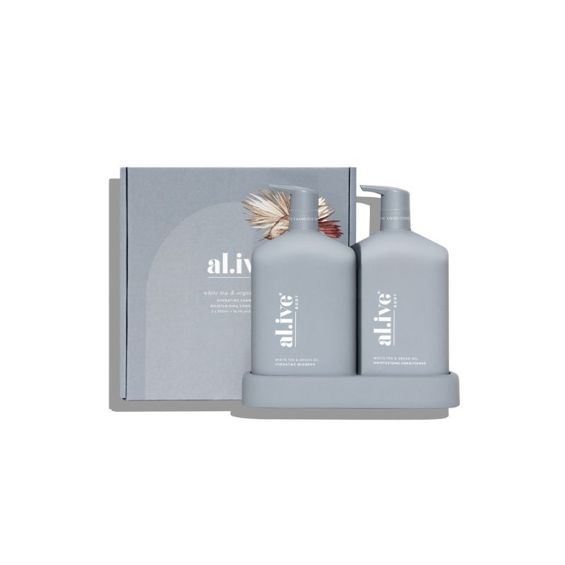 al.ive | White Tea & Argon Oil Shampoo & Conditioner Duo + Tray