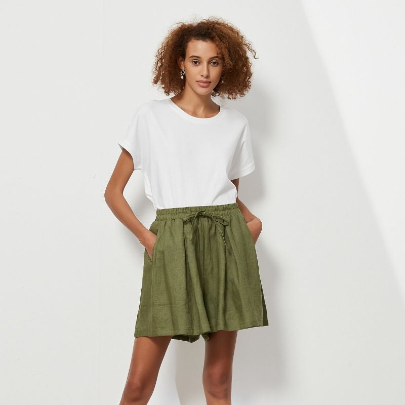 Forest Green Gather Linen Shorts