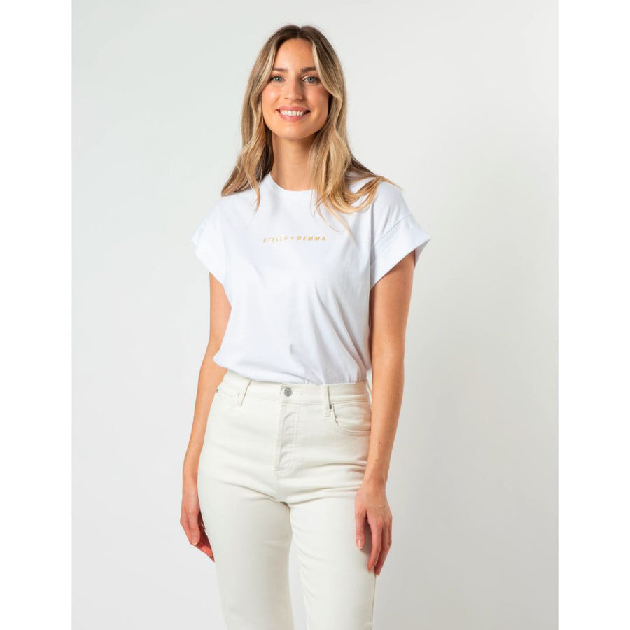Stella + Gemma | Cuff Sleeve T-Shirt - White with Gold Logo