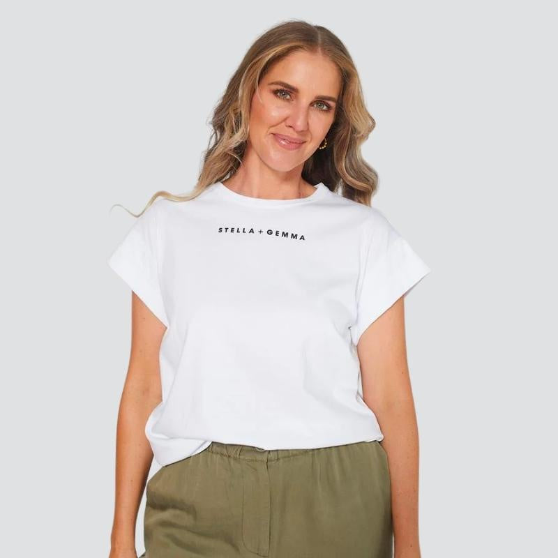 Stella + Gemma | Cuff Sleeve Logo T-Shirt - White