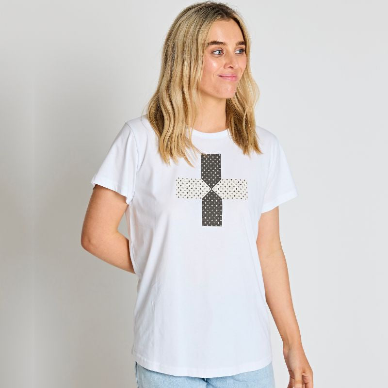 Stella + Gemma | White Logo Cross T-Shirt