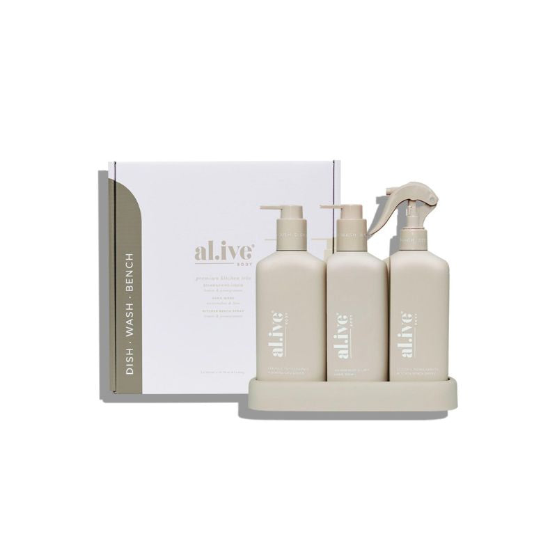 al.ive | Dishwashing Liquid, Hand Wash & Bench Spray + Tray - Premium Kitchen Trio