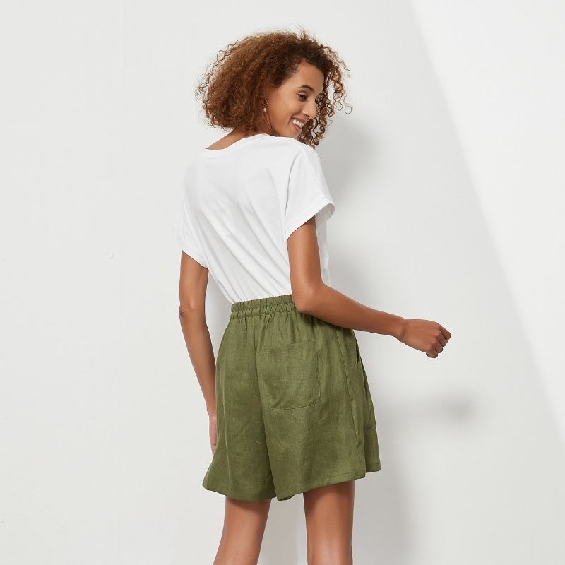 Forest Green Gather Linen Shorts