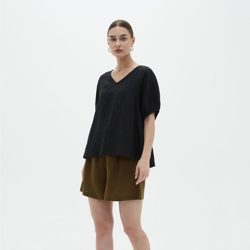 Tirelli | V Neck Bishop Sleeve Top - Black