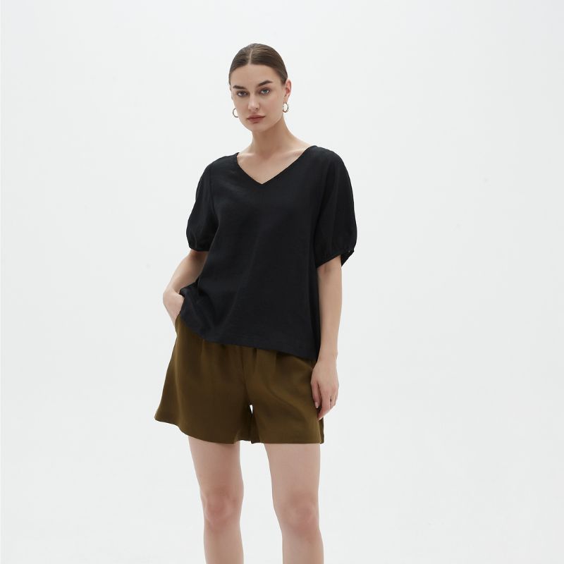 Tirelli | V Neck Bishop Sleeve Top - Black