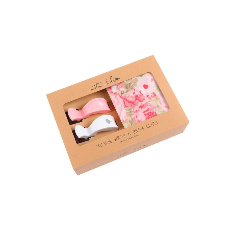 Emotion & Kids | Peony Rose Muslin Wrap & Pink/White Pram Clip Pack
